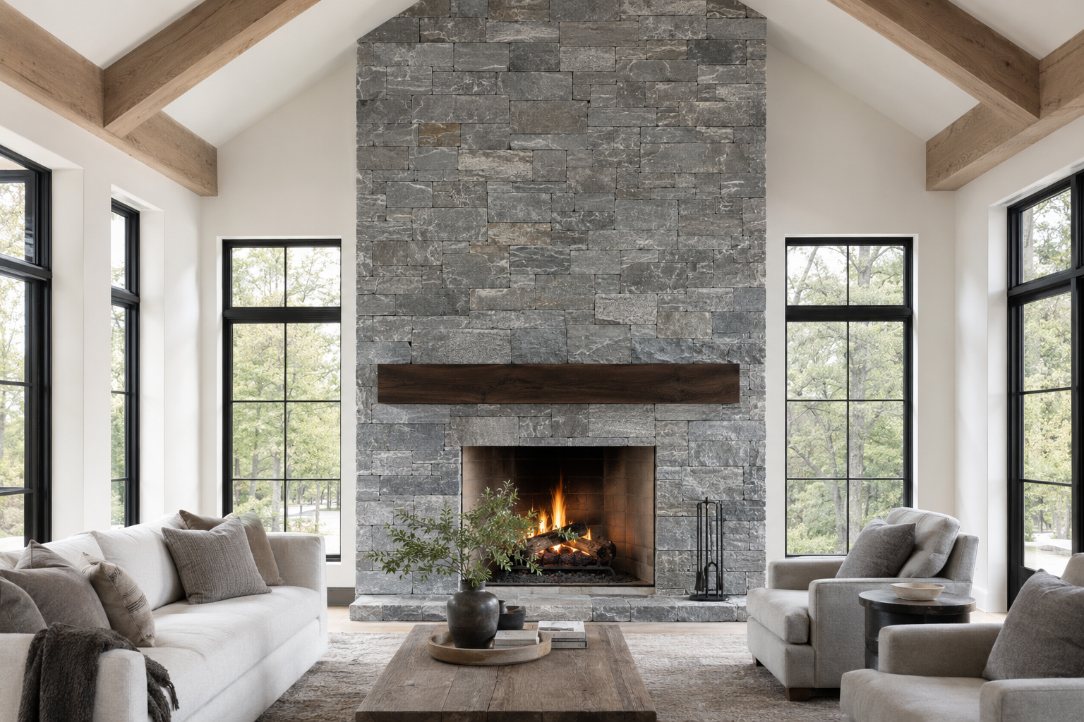 Concept visualization of Piedmont natural stone veneer on a floor-to-ceiling interior fireplace