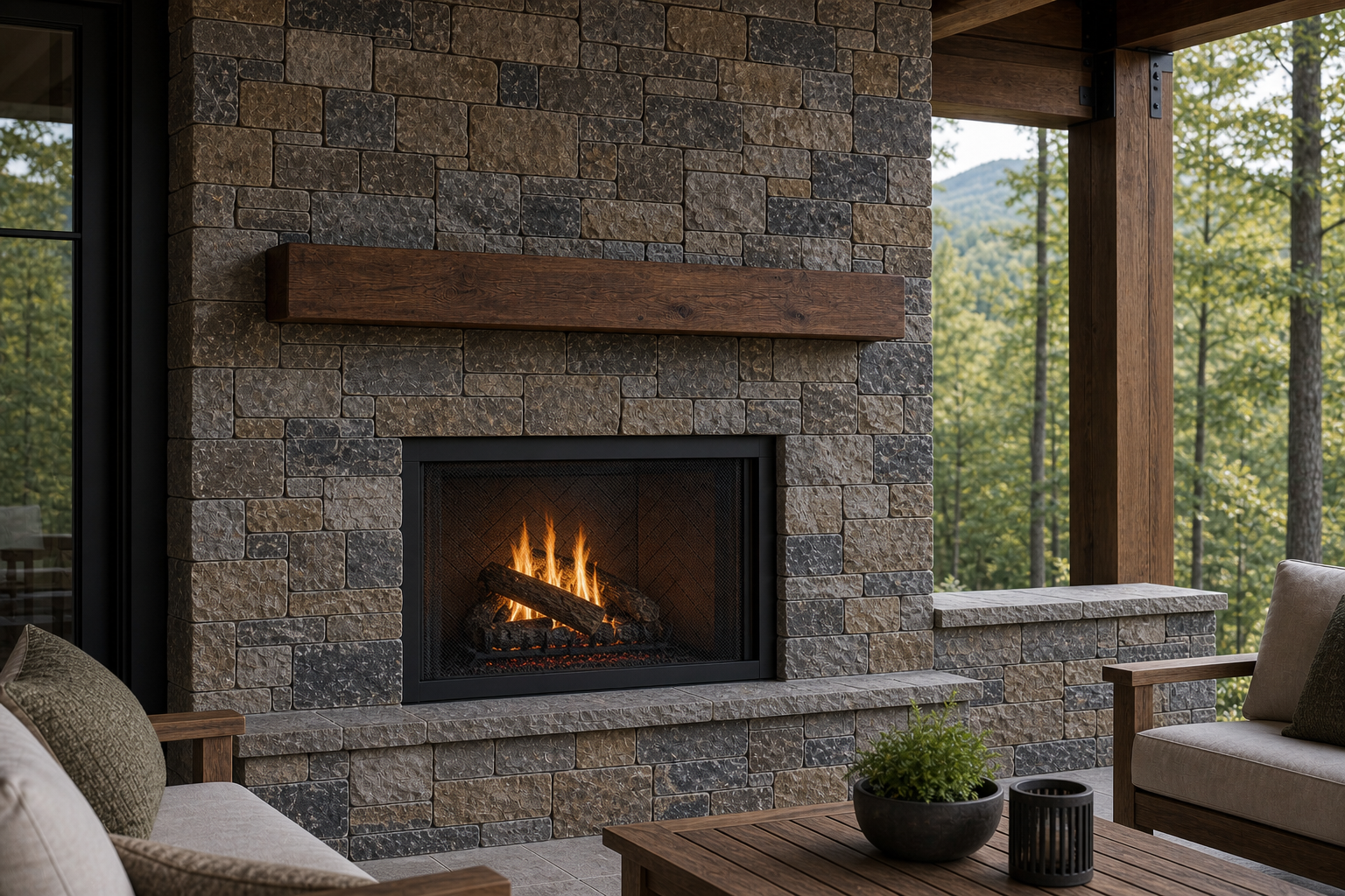 Concept visualization of Henderson stone veneer on an outdoor fireplace and seat wall