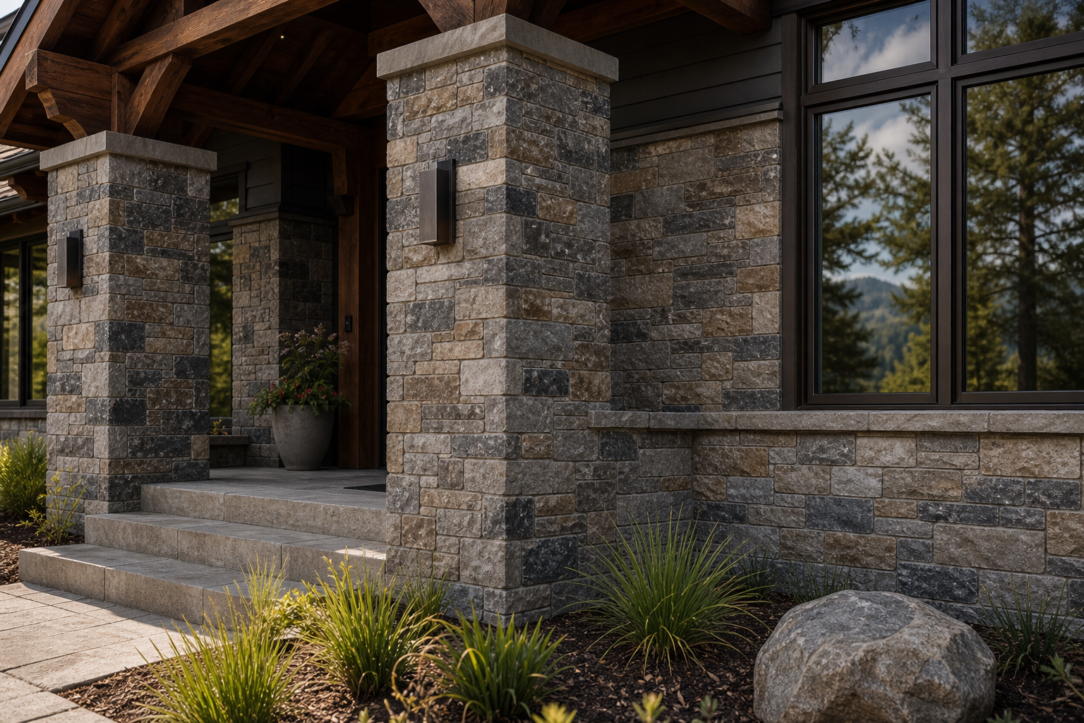 Concept visualization of Henderson stone veneer on a mountain home exterior and entry columns